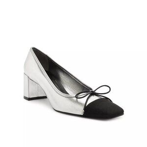 138$ Schutz Arissa Cap Toe Mid Block Heel Pumps Size 6 US Prata Black